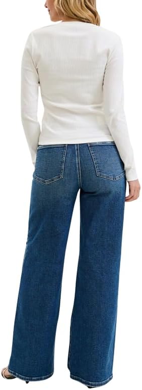 Judy Blue High Waist Rigid Magic Column Straight Jeans – Destructed Dark Wash with Adjustable Waist Tabs, 33” Inseam