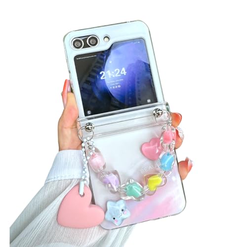 GO-VOLMON Girls Strap Case for Samsung Galaxy Z Flip 5 Cute Design, Kawaii Wristband Cover with Hinge Protector, Lovely Woman Shockproof Case for Z Flip 5, Pink Love