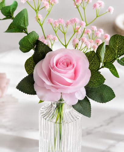 Image of Divyakosh Artificial Pink Rose Flower Bunch with Glass VASE (1 Big Rose + Baby Breath) | Realistic Faux Floral Bouquet with Green Leaves & Baby Breath | Home Decor for Living Room, Bedroom, Office