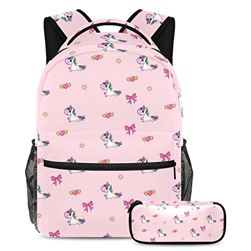 Cartable licorne rose enfant pour l'école et les sorties, sac de voyage multicolore avec trousse