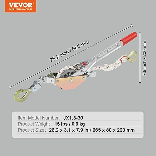 VEVOR Rope Puller, 3/4 Ton (1,653 lbs) Pulling Capacity, with 100' of 0.6" dia. Rope, 2 Hook, Come Along Winch, Heavy Duty Ratchet Power Puller Tool for Moving Boats, Securing Items, Transporting Logs