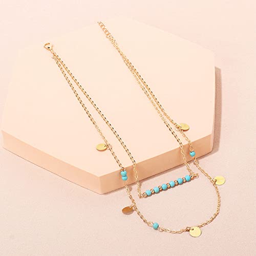 Boho Turquoise Layered Sequin Necklace Vintage Golden Chains Pendant Necklaces Jewelry Set For Women Girls #TOP3