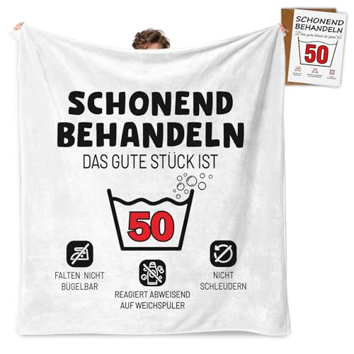Giftota 50 Geburtstag Frauen Männer - 150x130CM Decke Geschenk mit Geburtstagskarte 50 - SCHONEND BEHANDELN -Geburtstagsgeschenk für Mama Papa Oma Opa Fre&in Fre&in Kollegin
