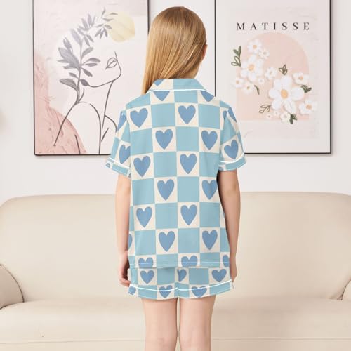 Cartoon Blue Hearts Summer Satin Pajama Set, Cute Button-Down Sleepwear Pj Set for Sleep Wears4