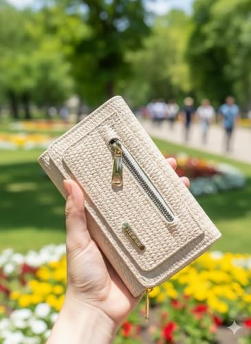 Fermuarlı Portföy Cüzdan Desenli Vegan Suni Deri - Orta Boy (KREM) - Görsel 3