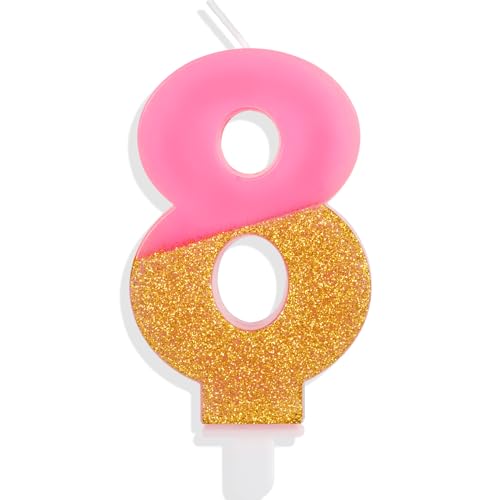 Hongplus Pink Glitter 8th Birthday Candles, Number 8 Candle, Cakes Candle, Candles for Cake, Happy 8th Birthday Cake Topper Decorations for Girls 8 Birthday Anniversary Wedding Party