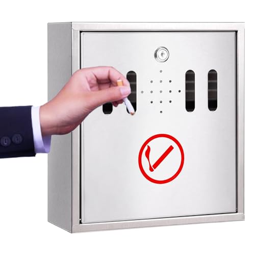 DWD® Stainless Steel Large Wall-Mounted Outdoor Ashtray All Stainless Steel Construction Prevents Corrosion Removable ash bin with lockable drop-down front for security 29 H x 26 W x 11cm D