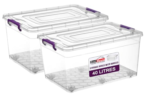 BH | 40L - 2 PCS Clear Large Plastic Storage Box with Lids on Wheels |Containers Multi Purpose use for Home office Kitchen Toys Clip Locked (40 Litres) - By BEST HOUSE
