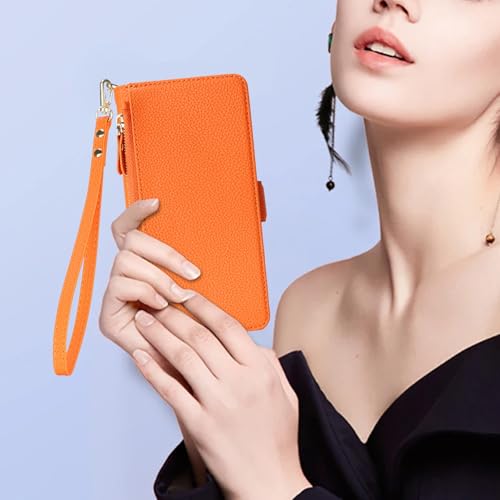 Jaorty for iPhone 16 Detachable Wallet Case, [Compatible with MagSafe] [Card Holder] [Zipper Pocket],2-in-1 PU Leather Flip Purse Kickstand Wrist Strap Magnetic Cover Men Women,Lichi Orange by Jaorty - Image 5