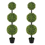 Goldshire 2 Pack Artificial Topiary Ball Tree 4FT, Set of 2 Faux Triple Balls Tree in Pot Shrubs Plants for Outdoor Front Door Porch Plant Outdoor