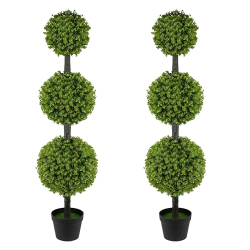 Goldshire 2 Pack Artificial Topiary Ball Tree 4FT, Set of 2 Faux Triple Balls Tree in Pot Shrubs...