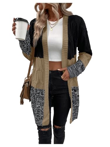 MakeMeChic Women's Color Block Cable Knit Open Front Sweater Cardigan Long Sleeve Outerwear