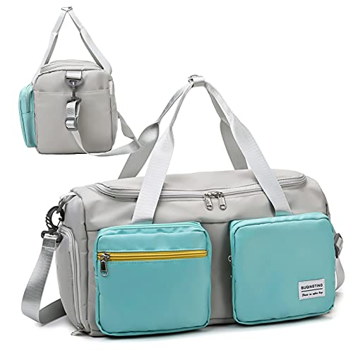 Mädchen Klassische Sporttasche Mittelgroß Damen Reisetasche Trainingstasche Frauen Gym Sport Tasche mit Schuhfach Nassfach Leicht Modisch Einfarbig Weekender Bag Fitnesstasche 25L (Grün und Grau) Cover