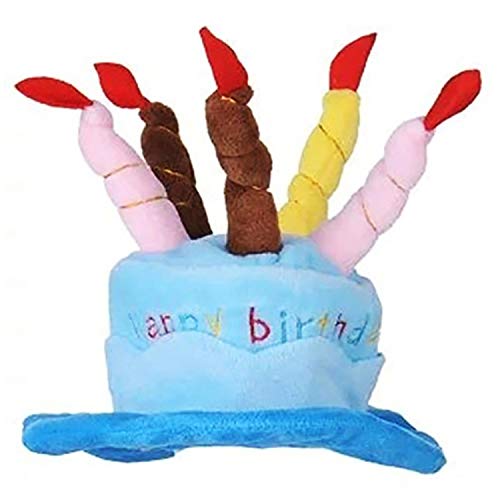 Pet Birthday Party Hat for Small Cats & Dogs, Birthday Cake & Candles Design (Blue)