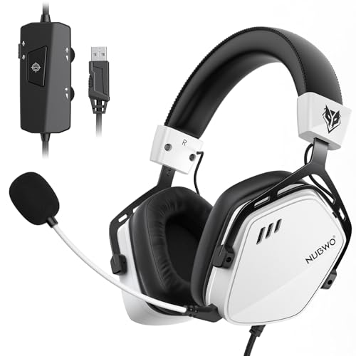 NUBWO HG03 Wired USB-A Gaming Headset for PC, Computer Headset with 7.1 Surround Sound, Noise Canceling Mic, 50MM Driver, Wired Headphones for PC, Laptop, Office - White