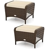 RELAX4LIFE 2-Piece Wicker Outdoor Ottoman - Rattan Footstools w/Removable Cushions, Multipurpose Foot Rest, Additional Seating & Side Table for Garden Porch Balcony, Set of 2 Patio Ottoman (Beige)