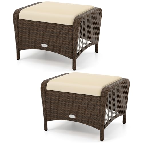 RELAX4LIFE 2-Piece Wicker Outdoor Ottoman - Rattan Footstools w/Removable Cushions,