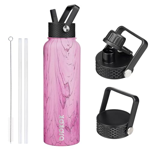 Image of BJPKPK Insulated Water Bottles with Straw Lid, 40oz Stainless Steel Water Bottles with 3 Lids, BPA Free Leakproof Thermo, Tumblers, Cups for Sports, Gym- Wood Pink