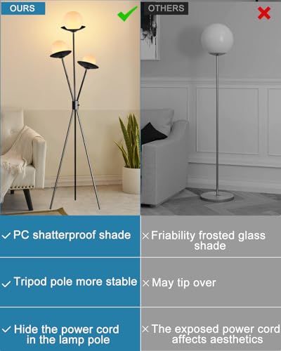 Image of 3 Globe Dimmable Tripod Floor Lamp, Mid Century Standing Lamps with 3Pcs 3000K Bulbs Included, Modern Black Tall Lamp for Living Room Bedroom Home Office Sofa Beside Corner Decor
