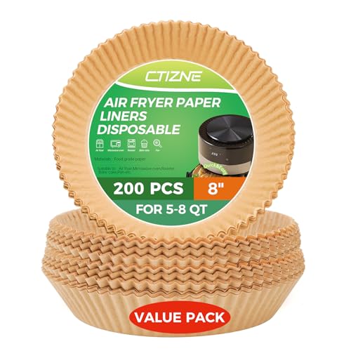 Ctizne Air Fryer Paper Liners Disposable, 200PCS 8inch Round Airfryer Oven Insert Parchment Sheets, Grease and Waterproof Non Stick Basket Liners for 5Qt/6Qt/7Qt/8Qt Air Fryer