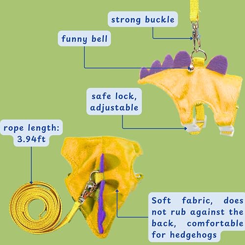 Image of Adjustable Hedgehog Leash and Harness with Safe Bell, Dinosaur Shaped Harness Leash for Training Playing, Hamster Clothes for Ferret Guinea Pig Hamster, Hedgehog Accessories (Yellow)