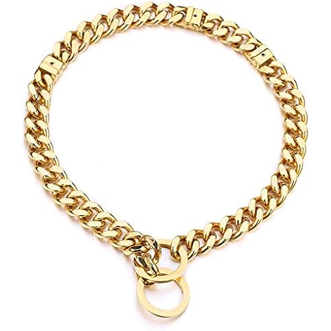 Adjustable 18K Gold Dog Collar Slip Choker Stianless Steel 15mm Big Dog Puppy Necklace Choke Chain Training Collar Cuban Link for Big Small Dog S/M/L (S) Cover