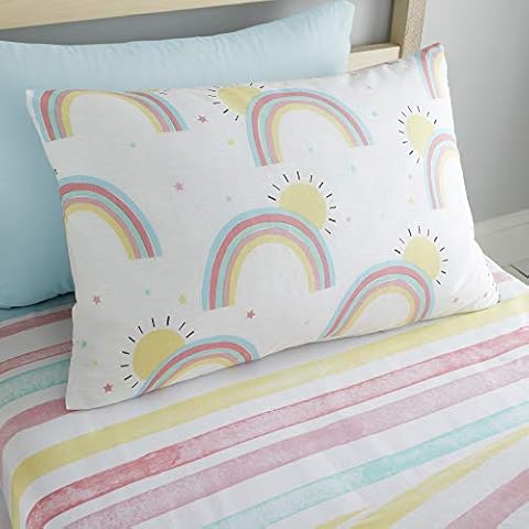 Happy Linen Company Girls Kids Rainbows Sunshine Stripes White Single Fitted Sheet Cover