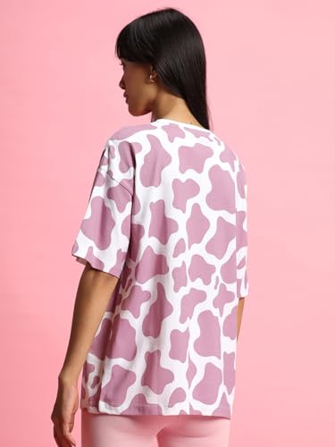 Image of Bewakoof Women's 100% Cotton Camouflage Oversized Fit Half Sleeve Round Neck T-Shirt | Casual wear | Streetwear | Oversized Tshirt for Woman Cotton| Baggy