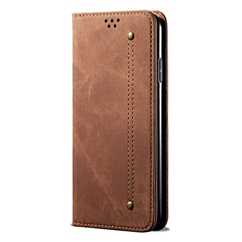 Image of PUDINI Luxury Denim Leather Finish Flip Cover for iQOO 7 Legend 5G Wallet Case Cards Slot with Magnetic Closer, Kickstand Flip Cover, 360 Protection - Brown
