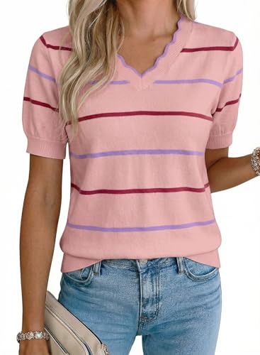 Dokotoo Cute Tops for Women 2026 Spring Fashion Trendy Short Sleeve Ruffle V Neck Striped Sweater Blouses T Shirts Business Casual Comfort Pullovers Knit Ladies Tops Outfits Light Pink