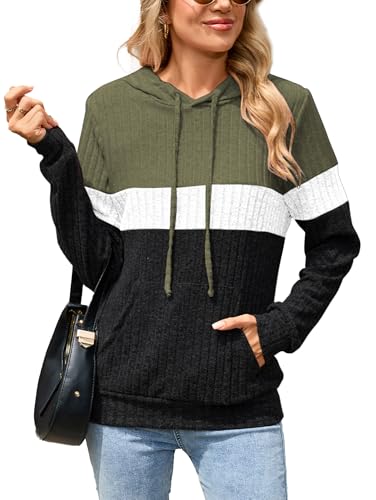 Image of Famulily Women's Soft Colour Block Hooded Ribbed Knit Pullover Jumpers Autumn Winter Sweatshirt with Pocket Army green M