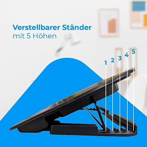 NK Base Refrigeradora Portátil - Ventilador Ordenador Portatil de 12-17\ Con Soporte Ajustable 5 Alturas, 6 Ventiladores Silenciosos, 2 Puertos USB, Refrigeración Rápida, Luz LED Azul - Color Negro