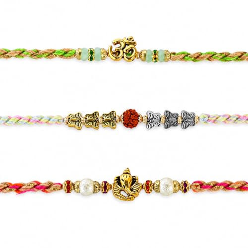 Set of 3 Rakhi for Brother with Raksha Bandhan Greeting Card & Roli Chawal Tika | Rudraksha, Om & Ganesh Rakhi Combo | Traditional Designer Rakhi Thread for Bhai, Bhaiya, Brother | Festive Gift Set by ARTISENIA - Used condition - US$8.15