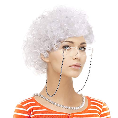 Old Lady Costume Set-Grandmother Wig,Wig Caps, Madea Granny Glasses, Eyeglass Retainer Chain,Pearl Necklace(5 Pieces)