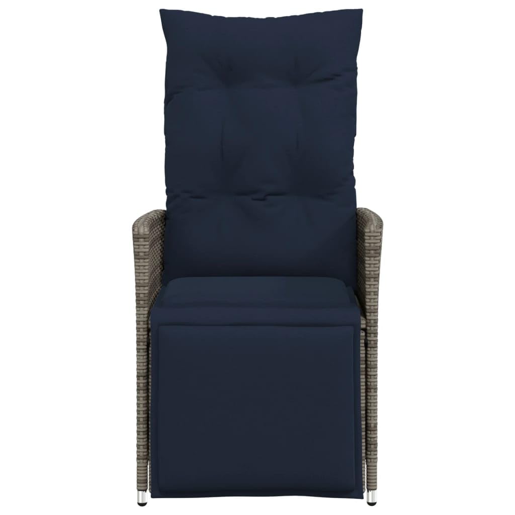 Lot de 2 fauteuils de Jardin extérieur inclinables en rotin synthétique Gris 56 x 59 x 92 cm Dossier et Repose-Pieds réglables Coussin Bleu Marine Amovible pour terrasse Balcon Bain de Soleil