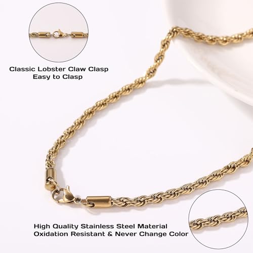 316L Stainless Steel Twist Chain for Men Women 2.5mm/3mm/4mm Wide Braided Twist Chain Necklace Silver/Gold/Black Twist Rope Chain Jewelry for Men Women 16-30 Inches Braided Twist Rope Chain4