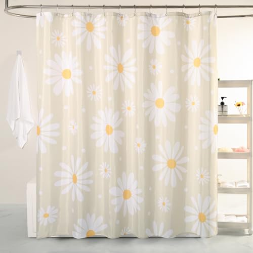 QJHOMO Beige Floral Shower Curtain Set Cute Daisy Cream Bathroom Curtain, Washable Waterproof Fabric Modern Farmhouse Shower Curtain with 12 Hooks, Colorful Flower Shower Curtains 72x72 inch by QJHOMO - Used condition - US$14.44
