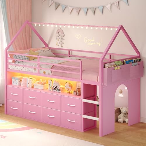 Twin Size Loft Bed with Storage Drawers & LED Lights