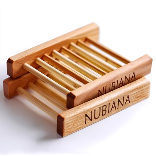 Nubiana Bamboo Soap Dish for Shower, Set of 2 Drainage Tray, Eco-Friendly