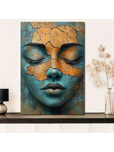 Tableau visage femme bleu sarcelle et or 40x60 cm encadré