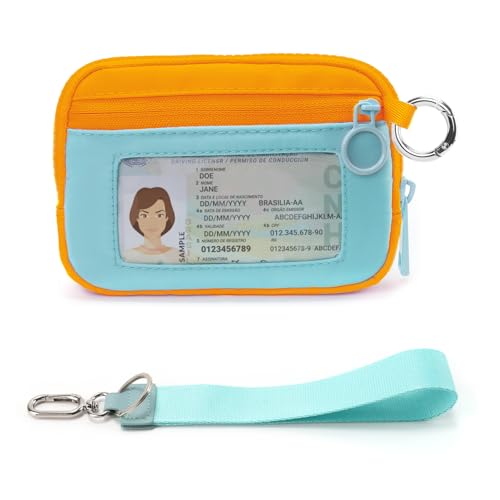 Image of The Iris Wallet Zipper Mini Coin Purse Keychain ID Holder Wallet | Zip Card Case with ID Window Purses for Women Mini Portable Keychain Wallet, Blue and Yellow with Lanyard
