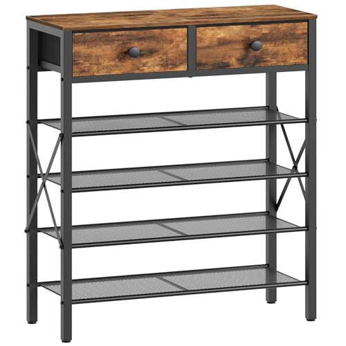 YATINEY Schuhregal, Schuhablage mit 5 Ebenen, Schuhregal groß, Schuhständer mit 2 Stoffschubladen und 4 Gittern, platzsparend, für 20 Paar, für Eingang, Flur, Vintagebraun und Schwarz XSS25BRY1N1