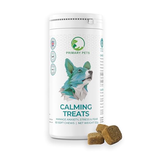 Primary Pets Premium Pet Supplies Calming Treats for Dogs, for Dog Barking, Anxiety, Stress, Fear, Hyperactivity, Aggression, Travel Anxiety, 60 Soft Chews