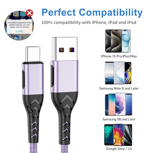 Image of Durcord USB C Charger Cable, 2Pack 6ft USB Charger Fast Charging Type C Cord Cable, Type C Charger Cable Compatible with iPhone 15 Pro /Plus /Max /Android /Phone /Pad-Light Purple