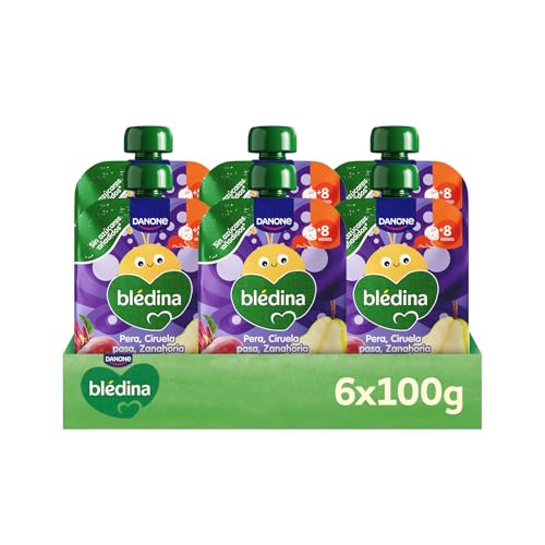 Blédina Bolsitas de Pera, Ciruela pasa, Zanahoria y Remolacha para Bebé. Pouch 100% Fruta y Verdura, Sin Azúcar Añadido y Alto Contenido Vitamina C, Fuente de Fibra. Desde los 8 Meses, Pack 6x100g