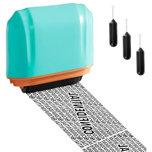 Data Defender Roller Stamp for Privacy Protection - Compact Address Blocker with 3 Vacuum-Packed Ink Refills 0.3s Quick Dry Side-Inking Green-Gold Shell
