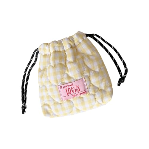 Portable Drawstring Closure Cosmetic Pouches Makeup Bag Travel Organizers Quilted Pattern Easy Access Heart Makeup Bag