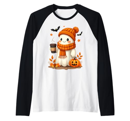 Fantasma lindo con una bebida de café Otoño Halloween Costume Boo Camiseta Manga Raglan
