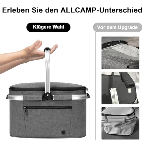 ALLCAMP Faltbar Isoliert Kühltasche - Einkaufskorb Thermo Mit Deckel, Abnehmbarer Picknickkorb 2 Personen, Aluminiumrahmen Kühlkorb, Verdicken Thermokorb