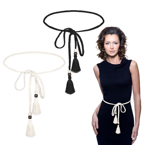 Women's Braided Knotted Waist Belt, Trendy Boho Rope Chain Tie Waistband Decorative Tassel Dress Belt for Women Girls